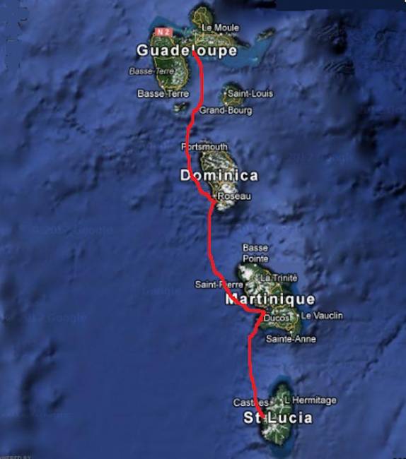 Nosso percurso de ferry de Guadalupe à Santa Lúcia, passando por Dominica e Martinica